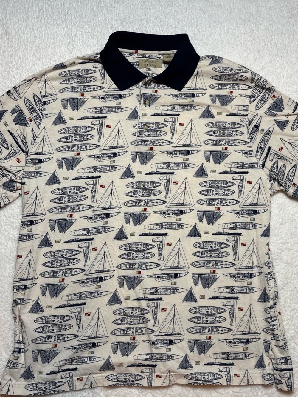 VTG Natural Issue Shirt Mens L Woodie Nautical Sailboat Button Up Blue Cotton